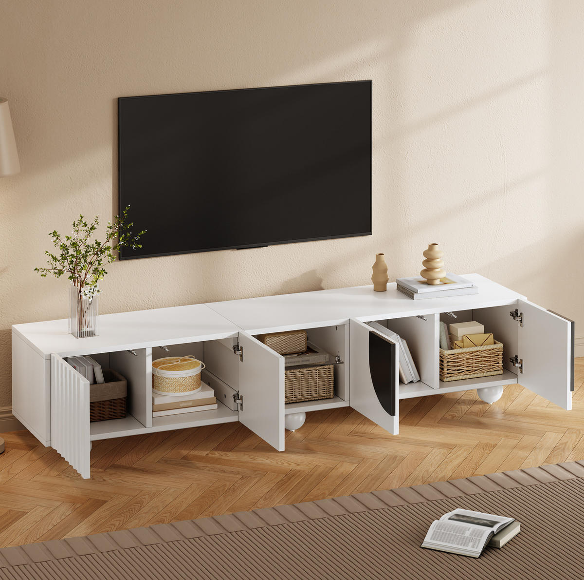 TV skříňka z MDF a dřevotřísky, 180/40/41,5 cm bílá, s push-to-open dvířky - bílá, kompozitní dřevo (180/41.5/40cm) - BEAOK