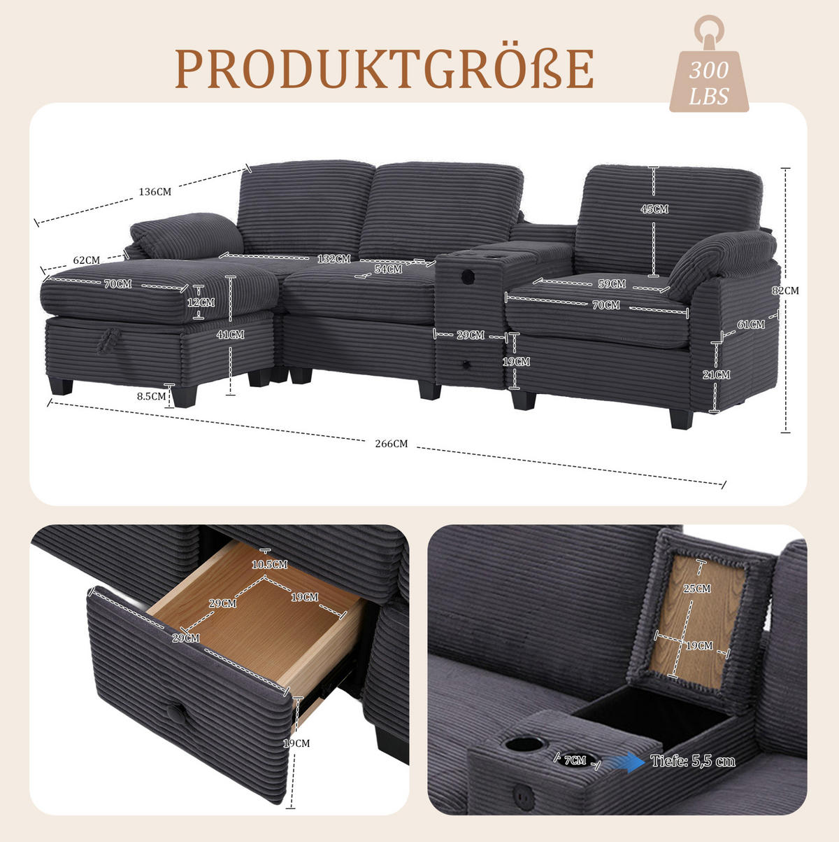 ECKSOFA aus Cord 266x136x82 cm Dunkelgrau mit USB-C-Anschluss, verschiebbarer Mittelkonsole und Stauraumhocker - Dunkelgrau, Textil (136/266cm) - Modfu