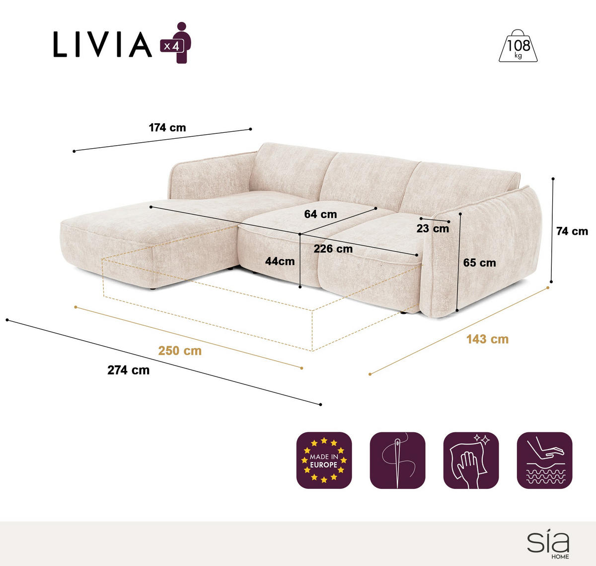 ECKSOFA RECHTS Rastervelours 274cm - Schwarz, Textil (274/174cm) - Sia Home