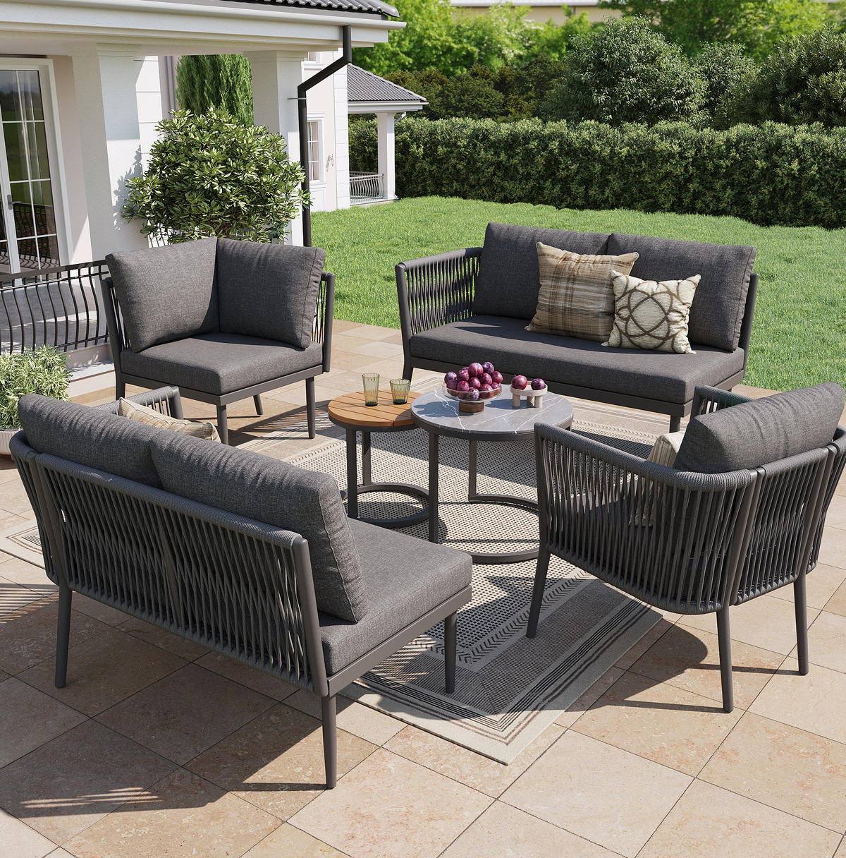 LOUNGEGARNITUR Grau aus Metall und Olefin 6er Set - Grau, Metall - OKMYHOME