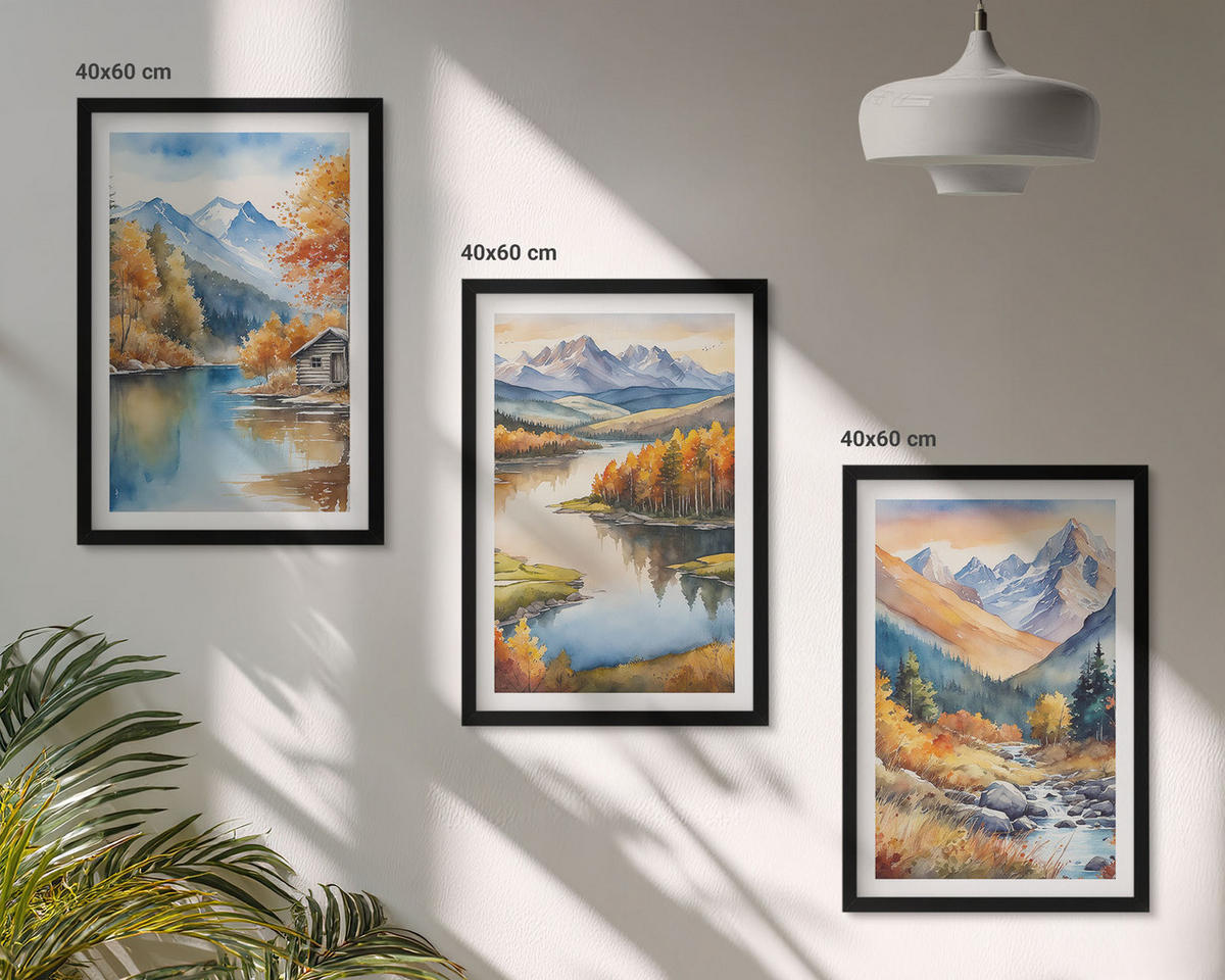 WANDBILDER 3er-Set - 40x60 cm Schwarzer Rahmen - Gebirgsflüsse, Herbstbäume - Schwarz, Kunststoff (40/60cm) - ArtPrintCave