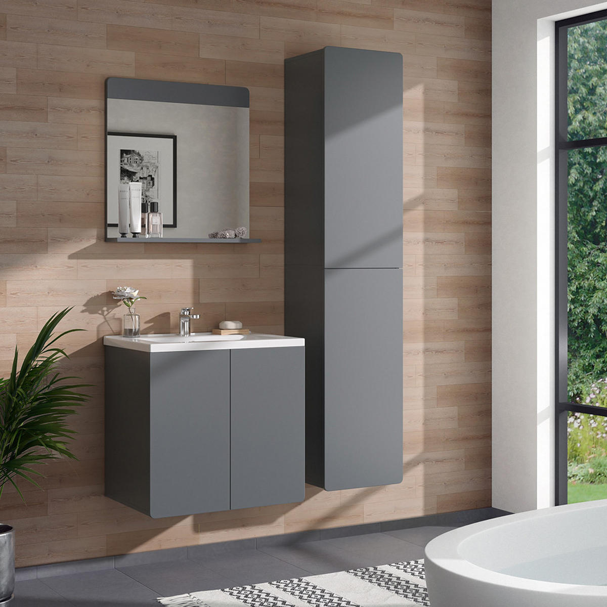 BADSCHRANK Izan Grau 36.6 x 171.6 cm - Grau, Holzwerkstoff (36.6/171.6/33.2cm) - Vicco