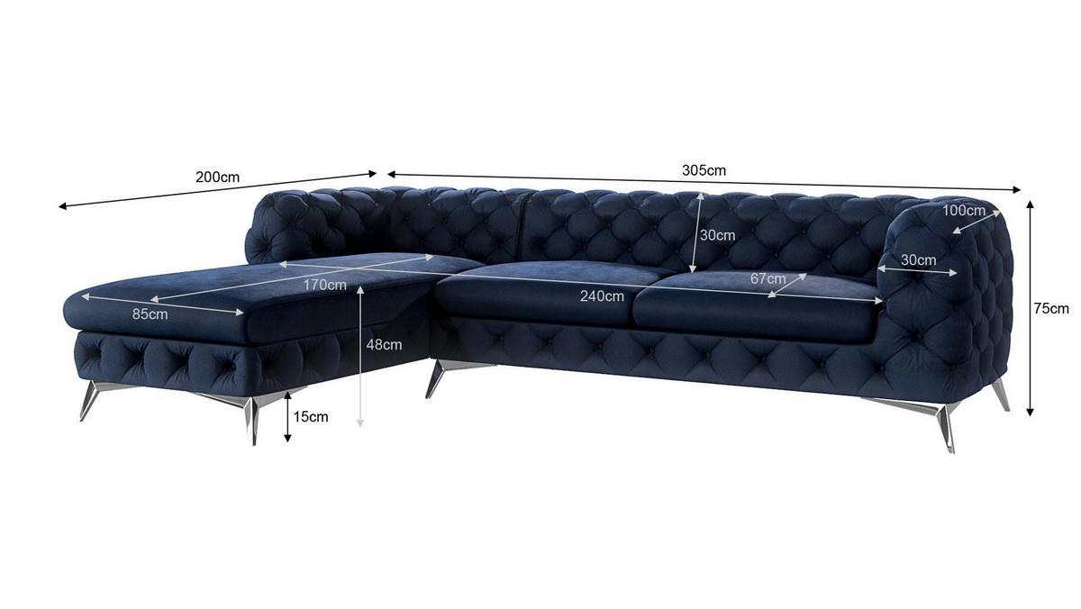 ECKSOFA Chesterfield Laura Marineblau Samt - Silberfarben/Dunkelblau, Holz/Textil (305/200cm) - S-Style Möbel