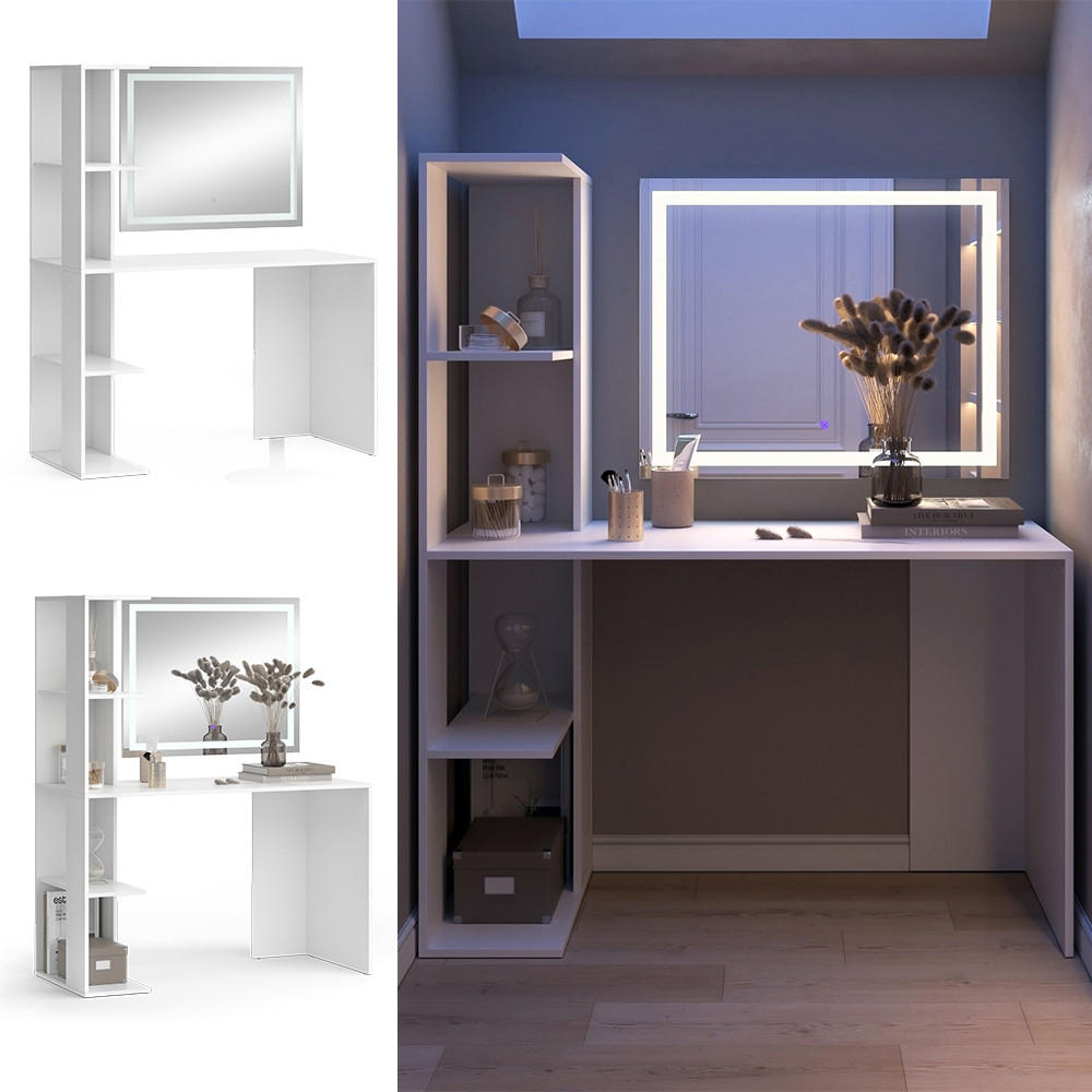 SCHMINKTISCH Tower Weiß 122.2 cm mit LED Spiegel - Weiß, Holzwerkstoff (122.2/75.8/55.2cm) - Vicco