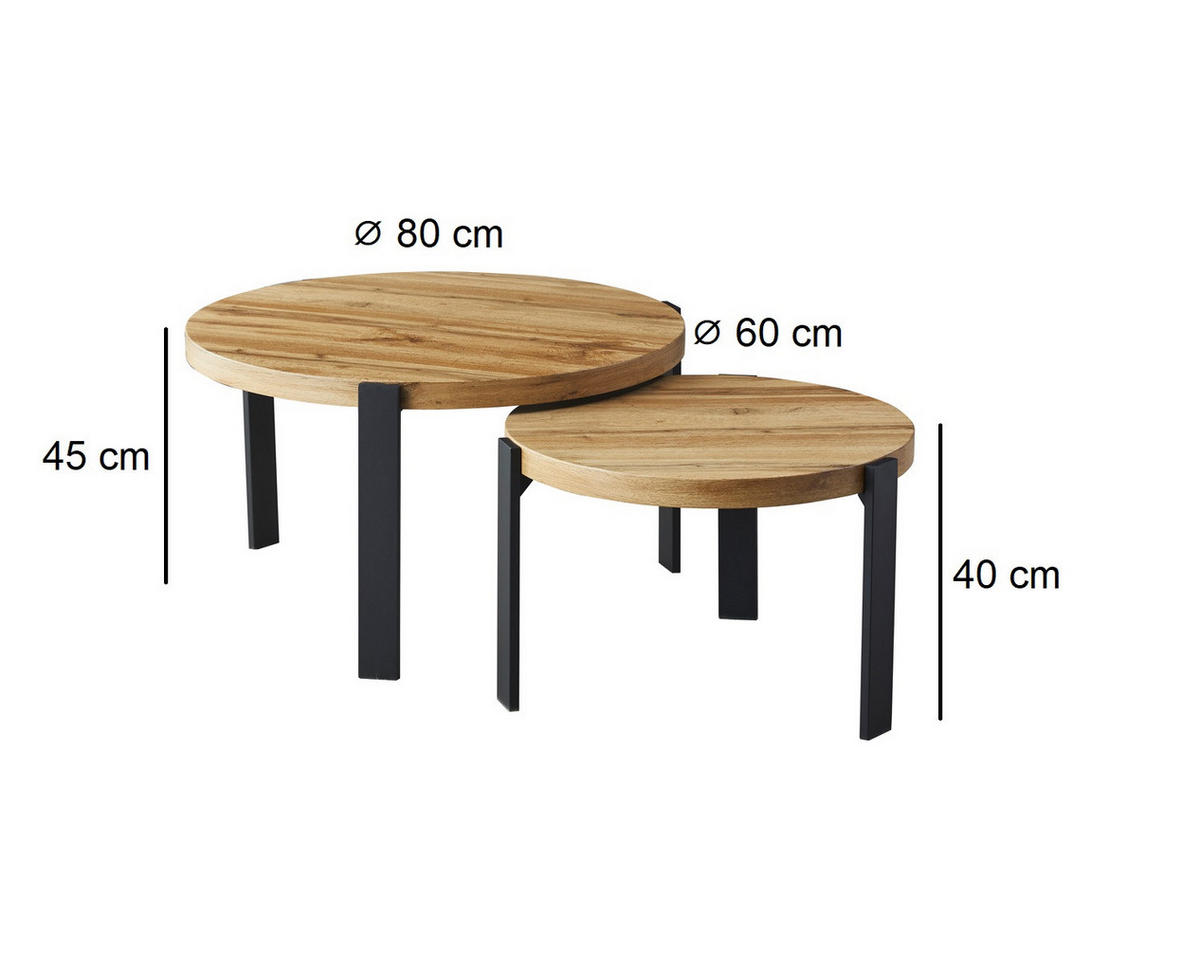 COUCHTISCH rund Set Echtholz Eiche Artisan Schwarz 80x45/60x40 cm - Eichefarben/Schwarz, Holzwerkstoff (80/80/45cm) - designimpex