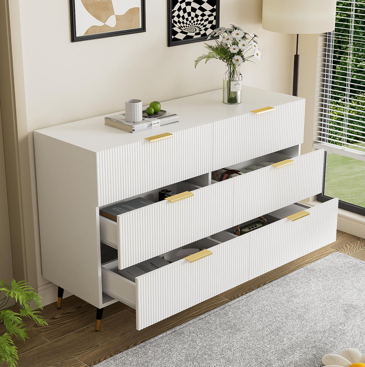 SIDEBOARD 120/40/77 cm mit 6 Schubladen in Weiß und Gold - Weiß, Holzwerkstoff (120/77/40cm) - BEAOK