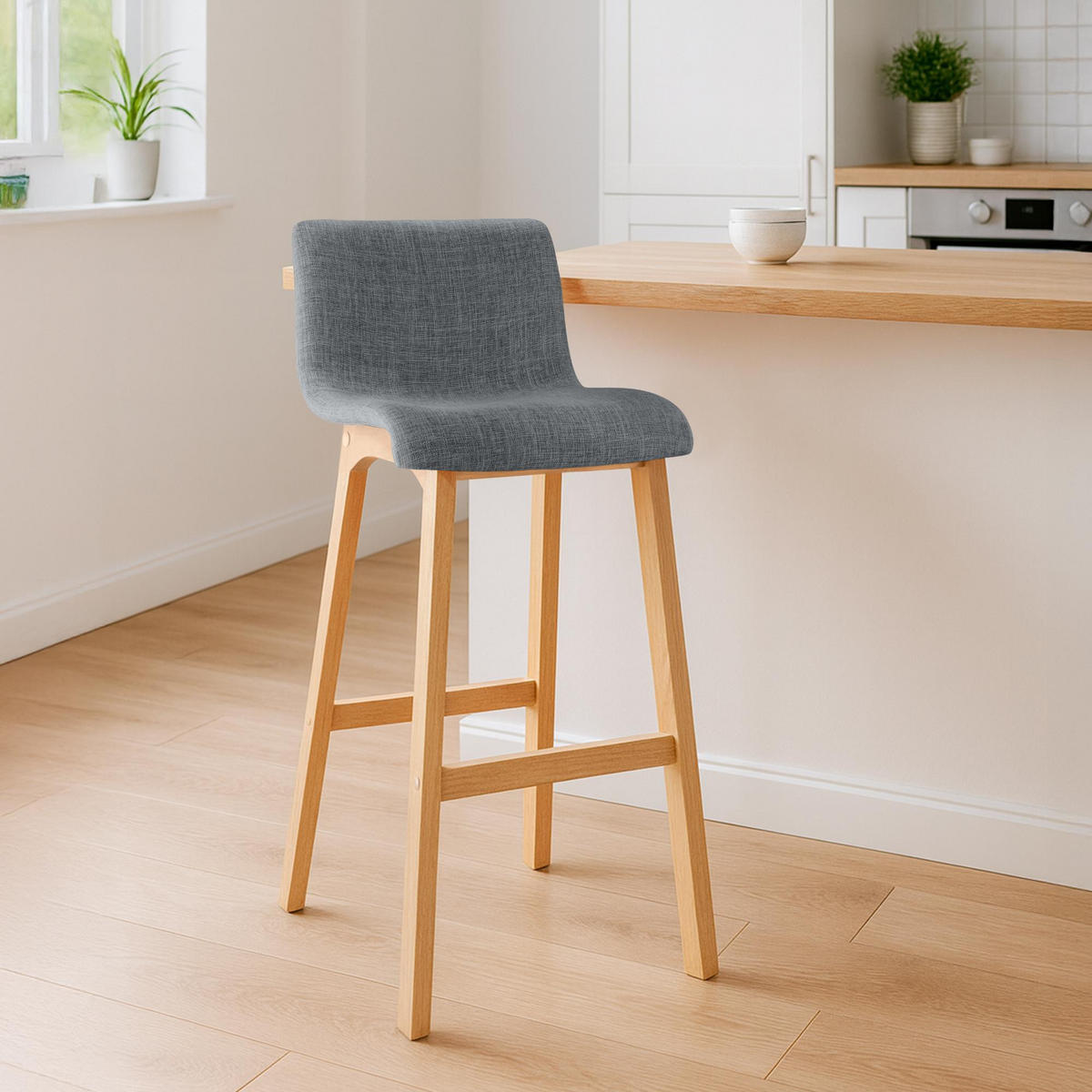 BARHOCKER 2er Set Stoff hellgrau - Eukalyptusholzfarben/Hellgrau, Holz/Textil (41/102/46cm) - CLP