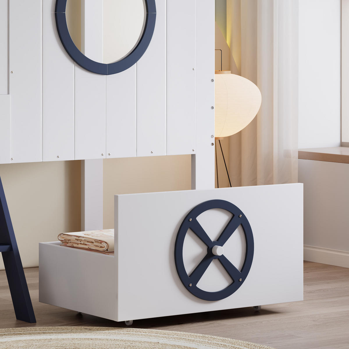 ETAGENBETT 90/200 cm Weiß+Dunkelblau mit Dach und Fenster aus Kiefer und MDF - Weiß, Holzwerkstoff (90/200cm) - OKWISH