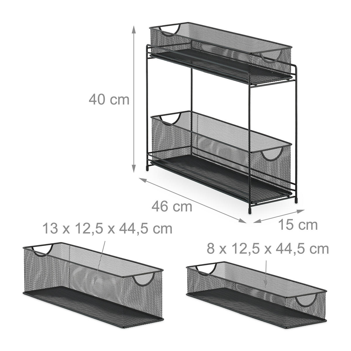 SKÅPSORGANISERARE Svart stål 2 utdragbara korgar - Svart, Metall/Plast (15/40/46cm) - Relaxdays