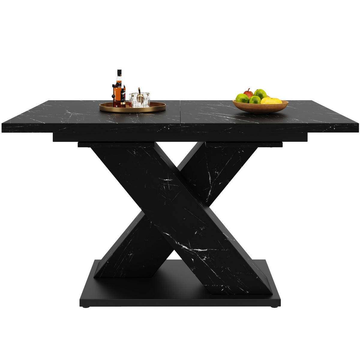 ESSTISCH 119,5-158,5/80/75 cm aus MDF ausziehbar mit X-Gestell und Marmoroptik, Schwarz - Schwarz, Holzwerkstoff (119/80/75cm) - Redom