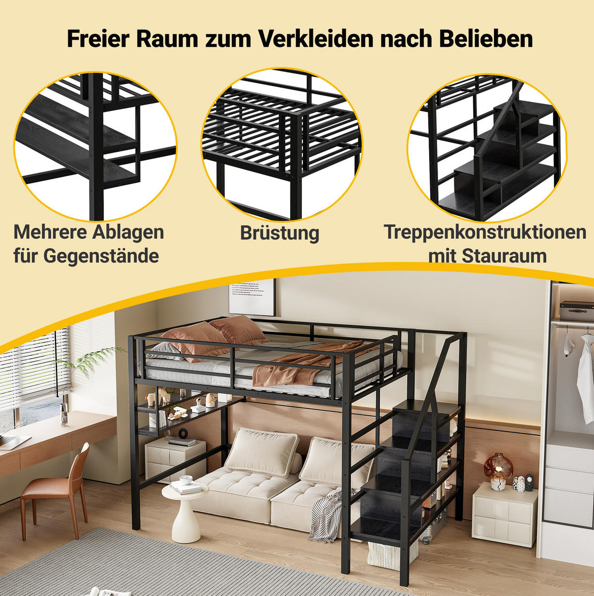 HOCHBETT 140/200 cm aus Metall mit Stauraumleiter und Regalfächern Schwarz - Schwarz, Metall (140/200cm) - Modenvie