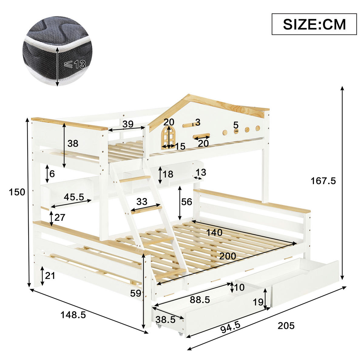 HAUSBETT 90/200 & 140/200 cm mit Regal und 2 Schubladen in Weiß/Natur - Weiß, Holzwerkstoff (90/200cm) - BEAOK