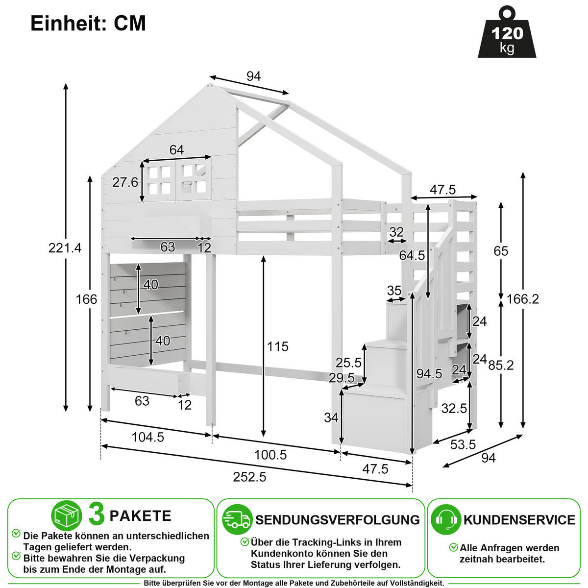 ETAGENBETT 90/200 cm in Weiß mit Stauraumtreppe, Regal und Fenster Massivholz - Weiß, Holz/Holzwerkstoff (90/200cm) - CHICFURN