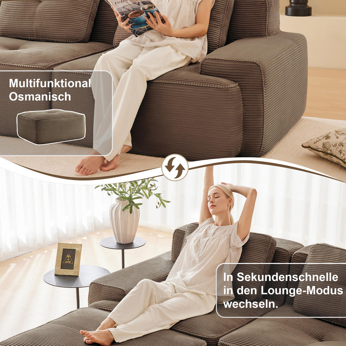 2-SITZER SOFA cord braun modular & extratiefer sitz - Walnussfarben, Textil (204/69/104cm) - Urban Meuble