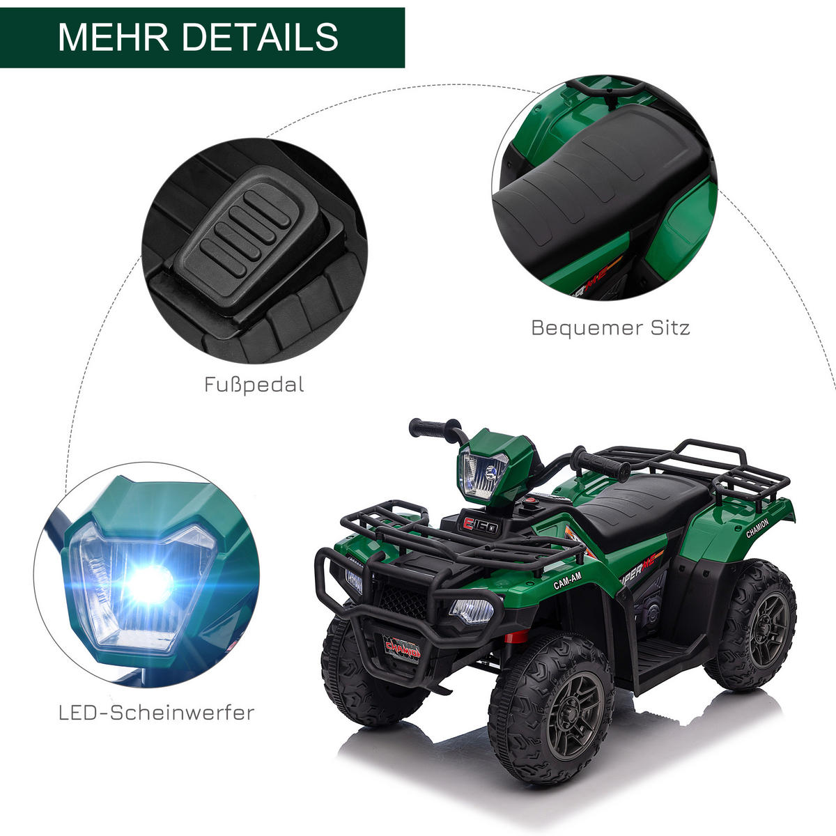 MINI ELEKTRO-QUAD KINDER, Schwarz+Grün, Kunststoff+ Stahl - Schwarz/Grün, Metall (88/45/50cm) - HOMCOM