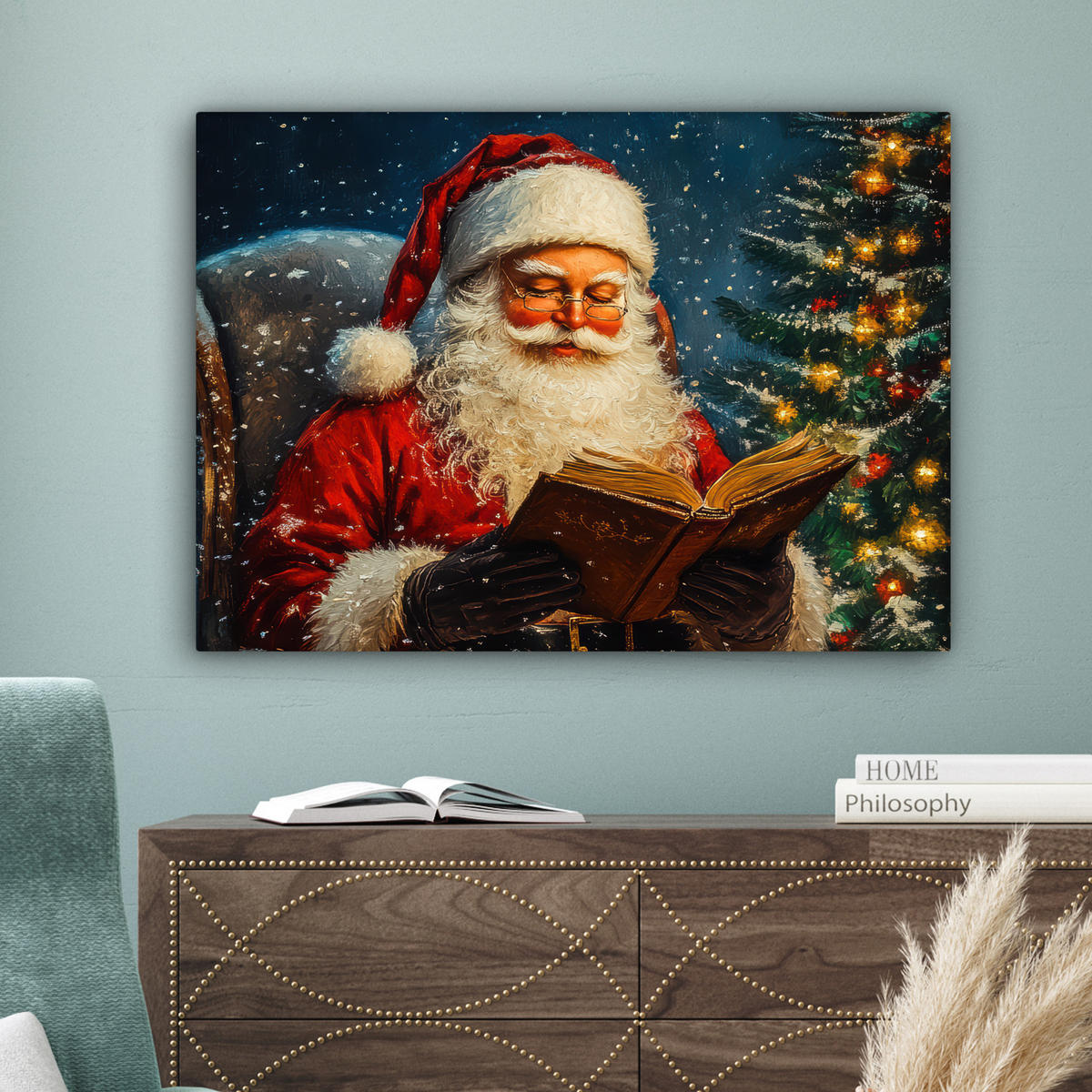 LEINWANDBILD Weihnachtsmann - Weihnachten - Winter - Weihnachtsbaum Wandbilder 80x60 cm - Bordeaux, Textil (80/60cm) - MuchoWow