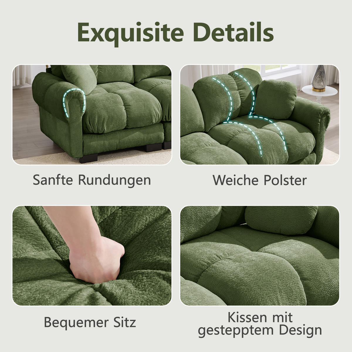 3-SITZER-SOFA DE-34384 Steppdesign und 2 Dekokissen Grün - Grün, Textil (86/90/260cm) - ComfortXL