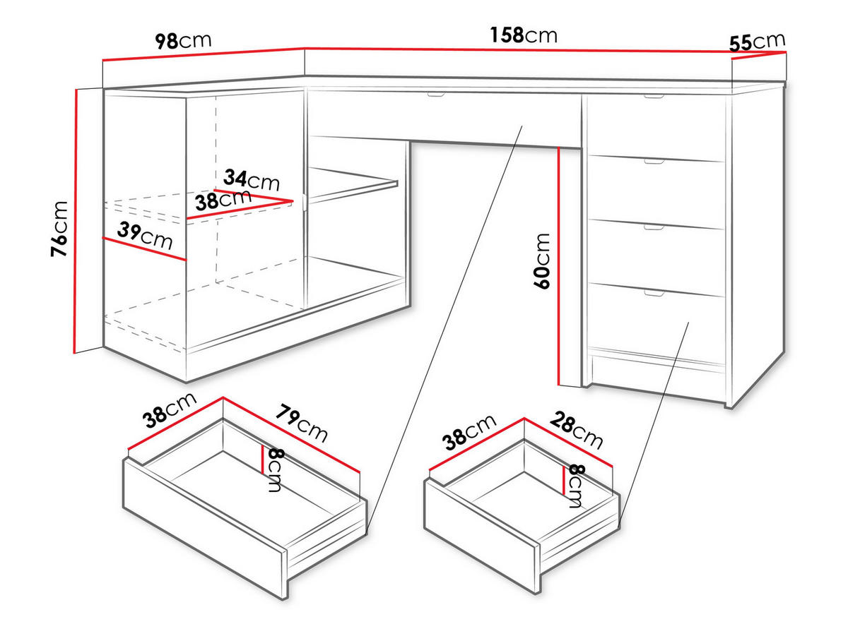 ECKSCHREIBTISCH Tireno - Schwarz/Weiß, Holzwerkstoff/Kunststoff (98/158/76cm) - MIRJAN24