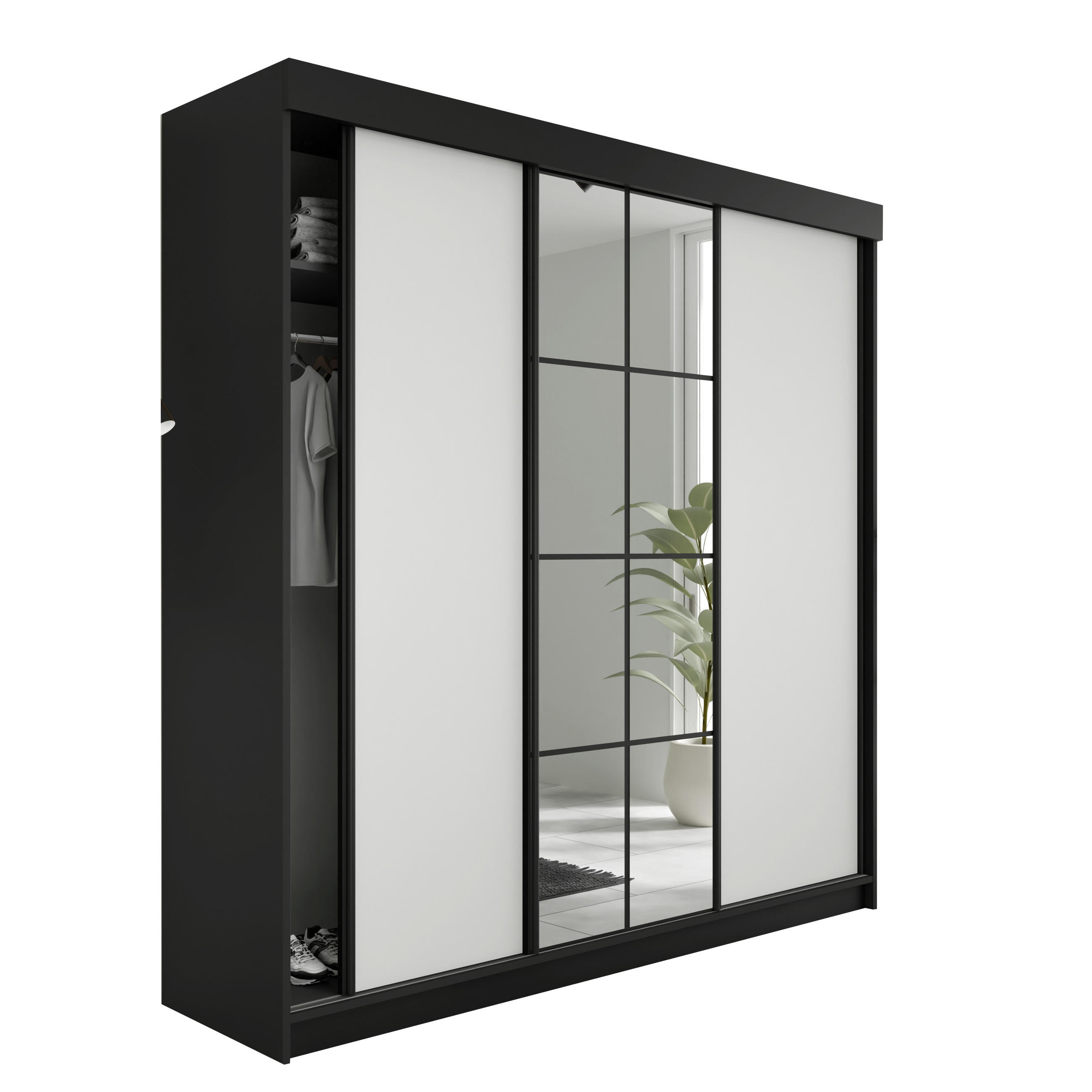 SCHIEBETÜRENSCHRANK LAMARO - 250x205x59cm - Schwarz & Weiß - Schwarz/Weiß, Holzwerkstoff (250/205/59cm) - Kier Furniture