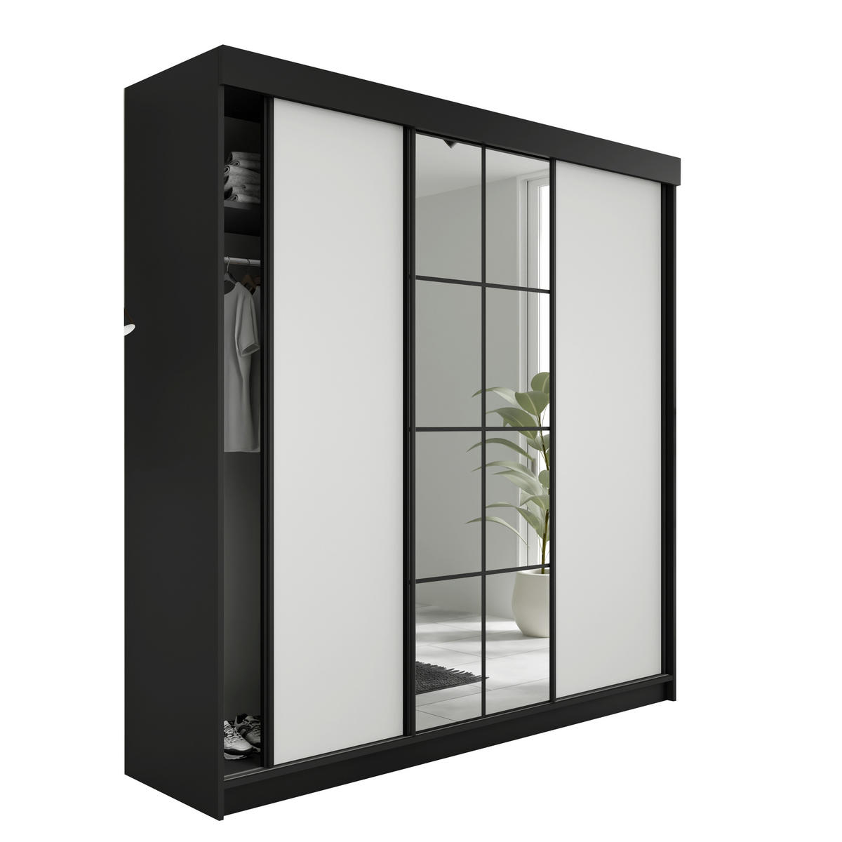 SCHIEBETÜRENSCHRANK LAMARO - 200x205x59cm - Schwarz & Weiß - Schwarz/Weiß, Holzwerkstoff (200/205/59cm) - Kier Furniture