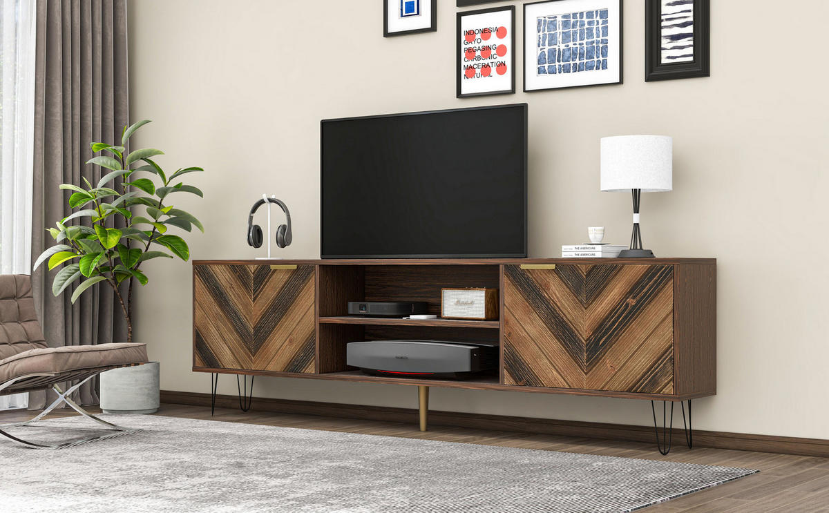TV-LOWBOARD in Natur mit 2 Türen, Eisenfüßen und goldfarbenen Griffen 155/38/48 cm - Eichefarben, Holzwerkstoff (155/48/38cm) - Redom