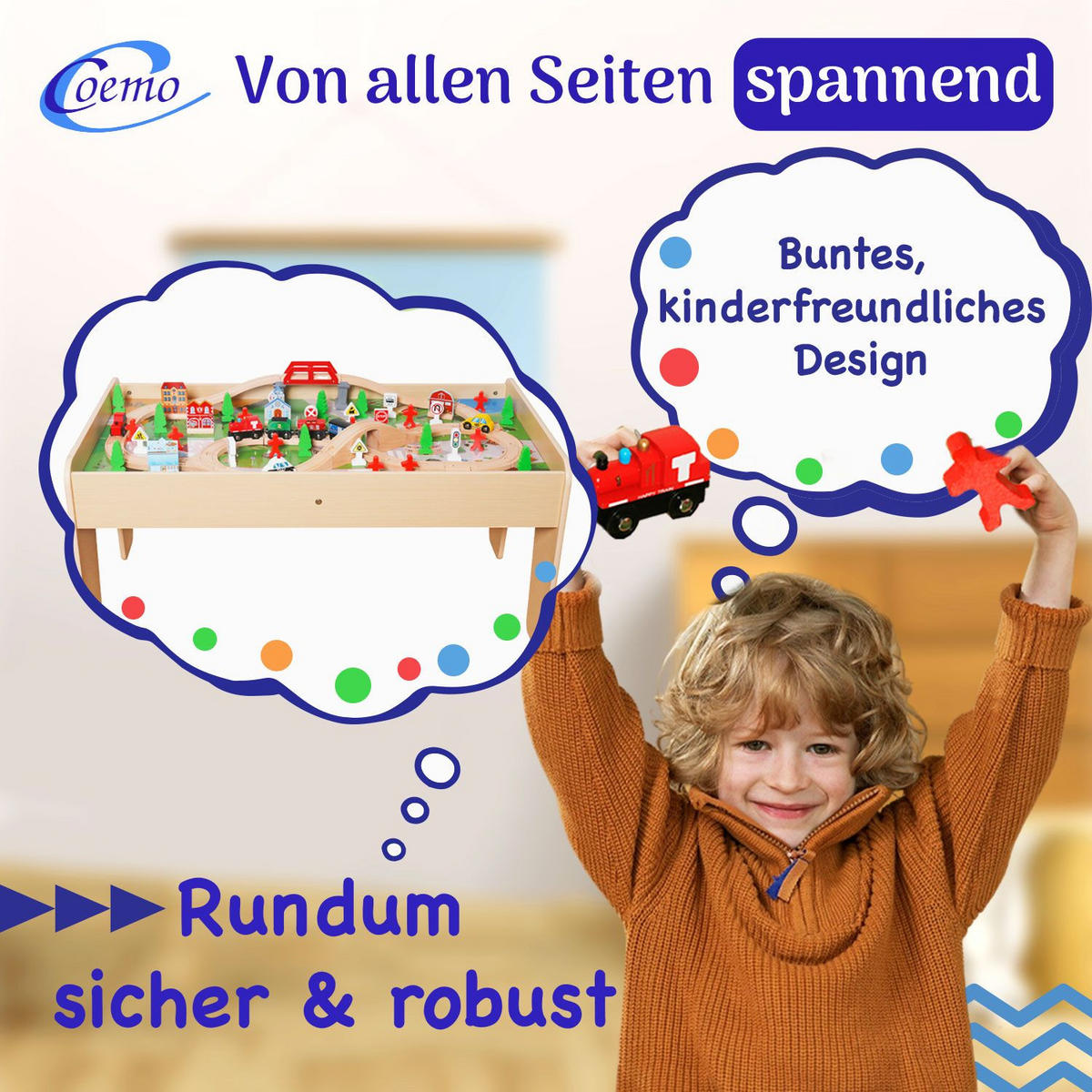 SPIELTISCH MIT HOLZEISENBAHN 90-tlg. Set Tisch Farbe Natur - Naturfarben, Holzwerkstoff (57/98cm) - Coemo