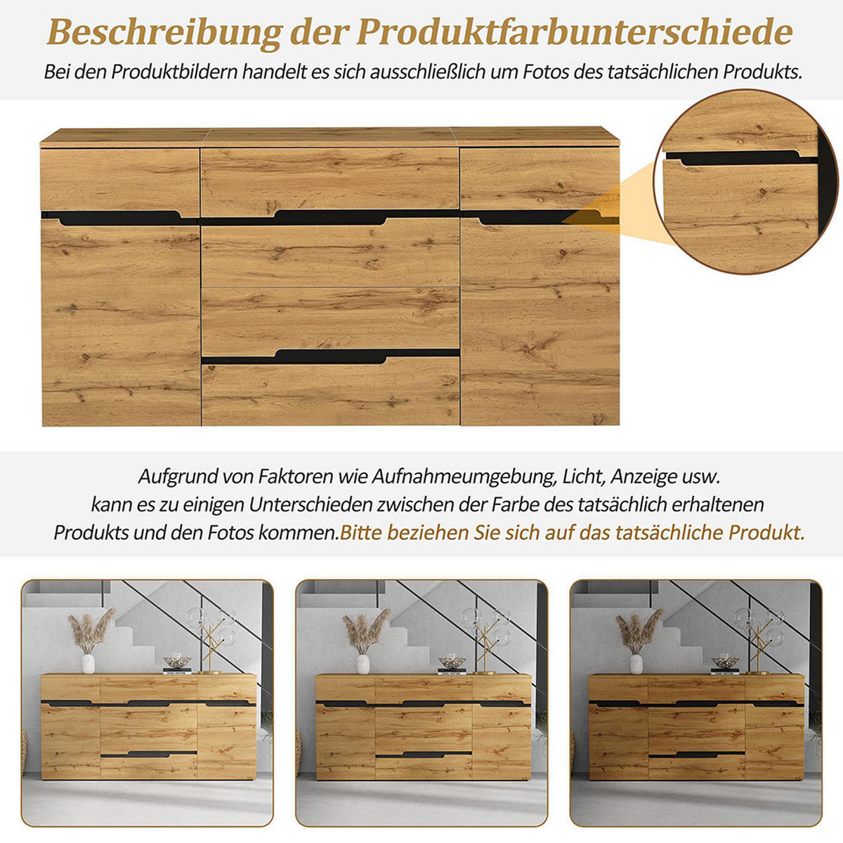 KOMMODE 160 x 40 x 80 cm mit 4 Schubladen, Holzfarbe + Schwarz - Naturfarben, Holzwerkstoff (40/80/160cm) - KOMHTOM