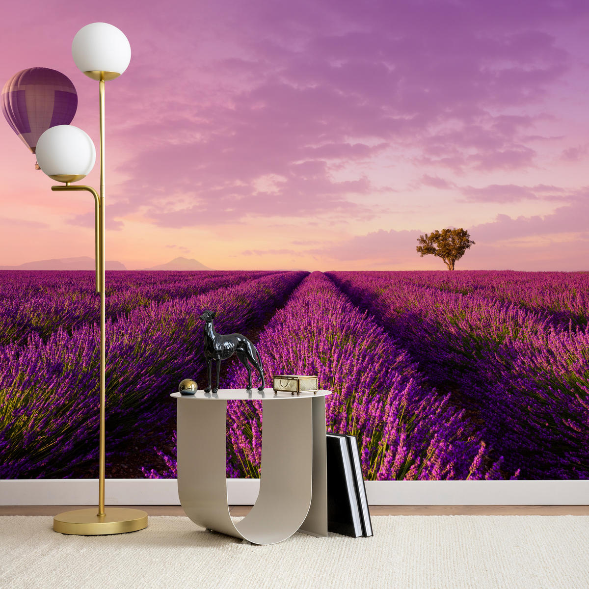 FOTOTAPETE für Wohnzimmer Lavendelfeld Heißluftballon Provence 250x175 - Violett/Lila, Papier (250/175cm) - Muralo