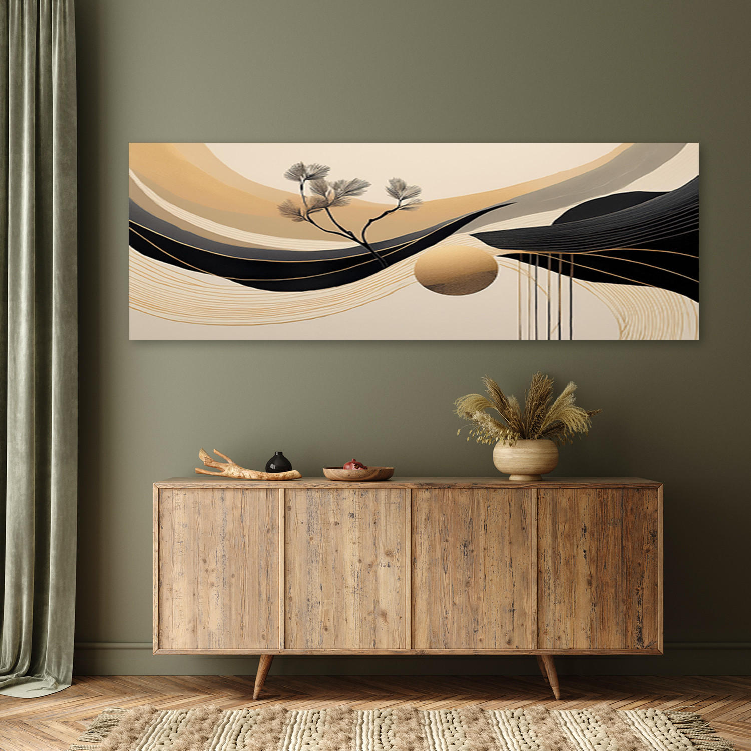 WANDBILD abstrakter geometrischer kreisbaum - Beige, Textil (90/30cm) - Feeby