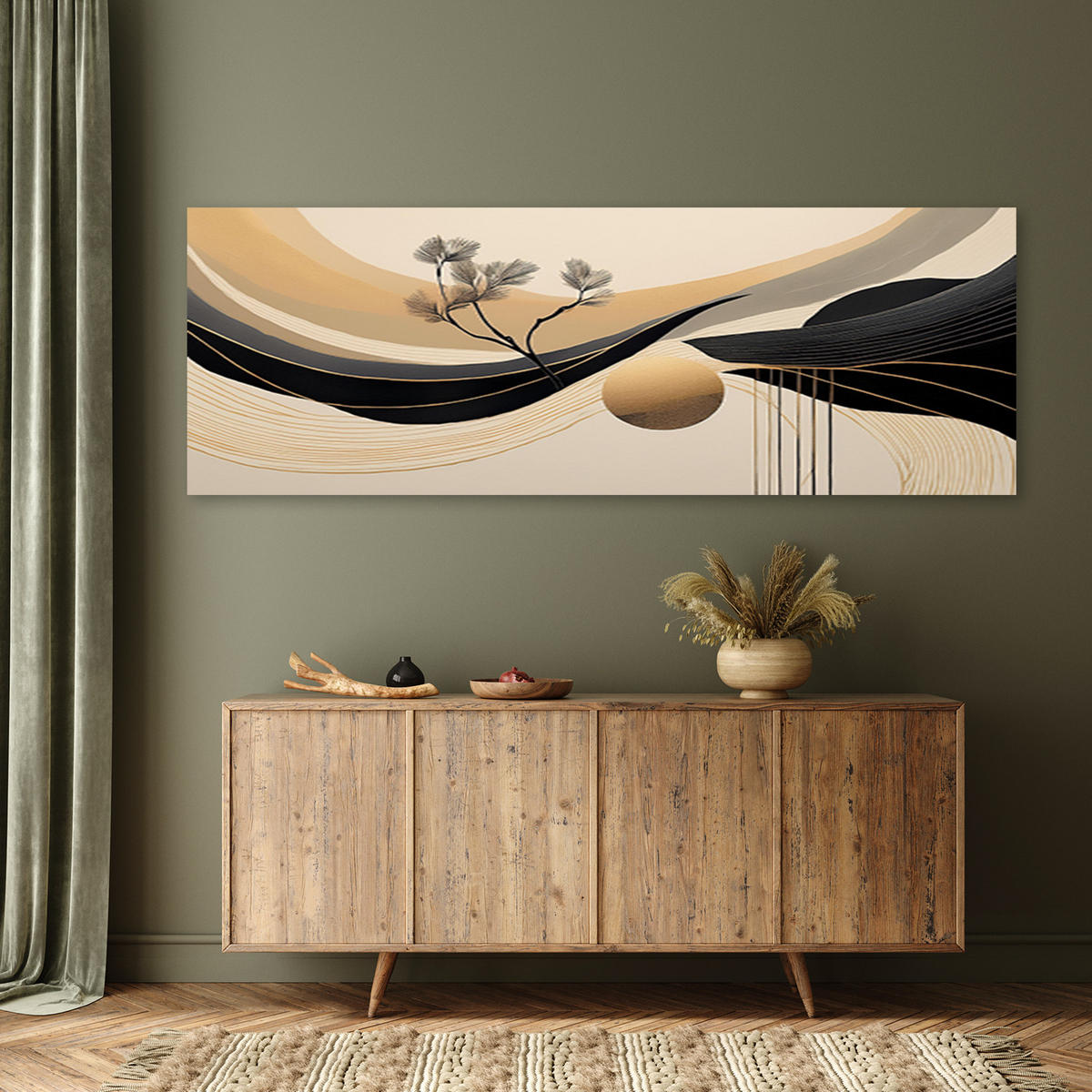 WANDBILD abstrakter geometrischer kreisbaum - Beige, Textil (90/30cm) - Feeby