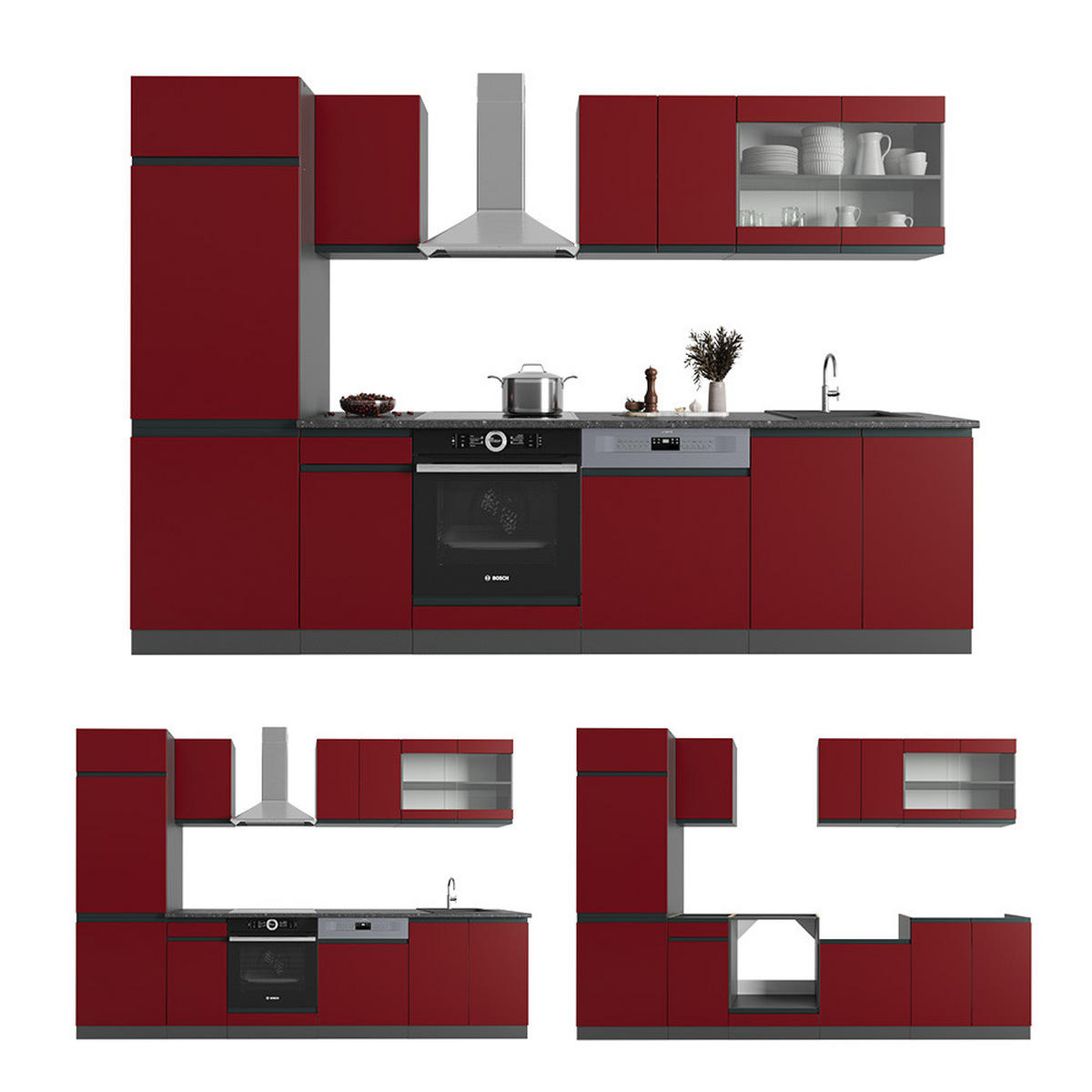 KÜCHENZEILE R-Line Rot/Anthrazit 300 cm, AP Eiche - Anthrazit/Rot, Holzwerkstoff (300/81.6/60cm) - Vicco