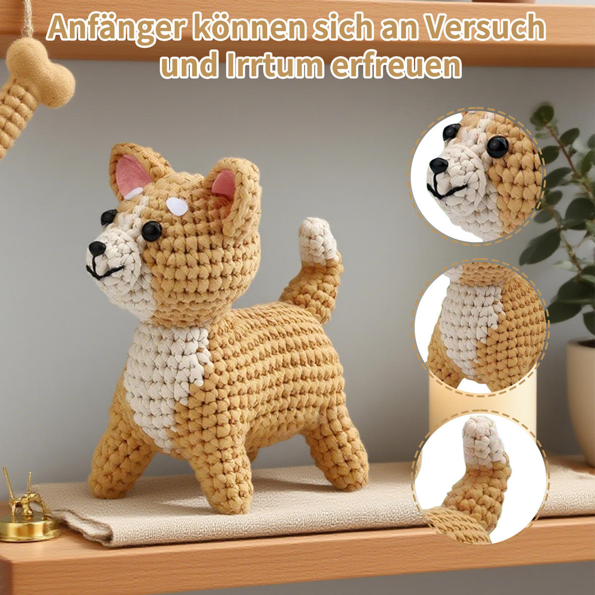 KOMPLET za kvačkanje pasme Shiba Inu, amigurumi za začetnike z navodili in pripomočki - rjava, tekstil (1/1/1cm)