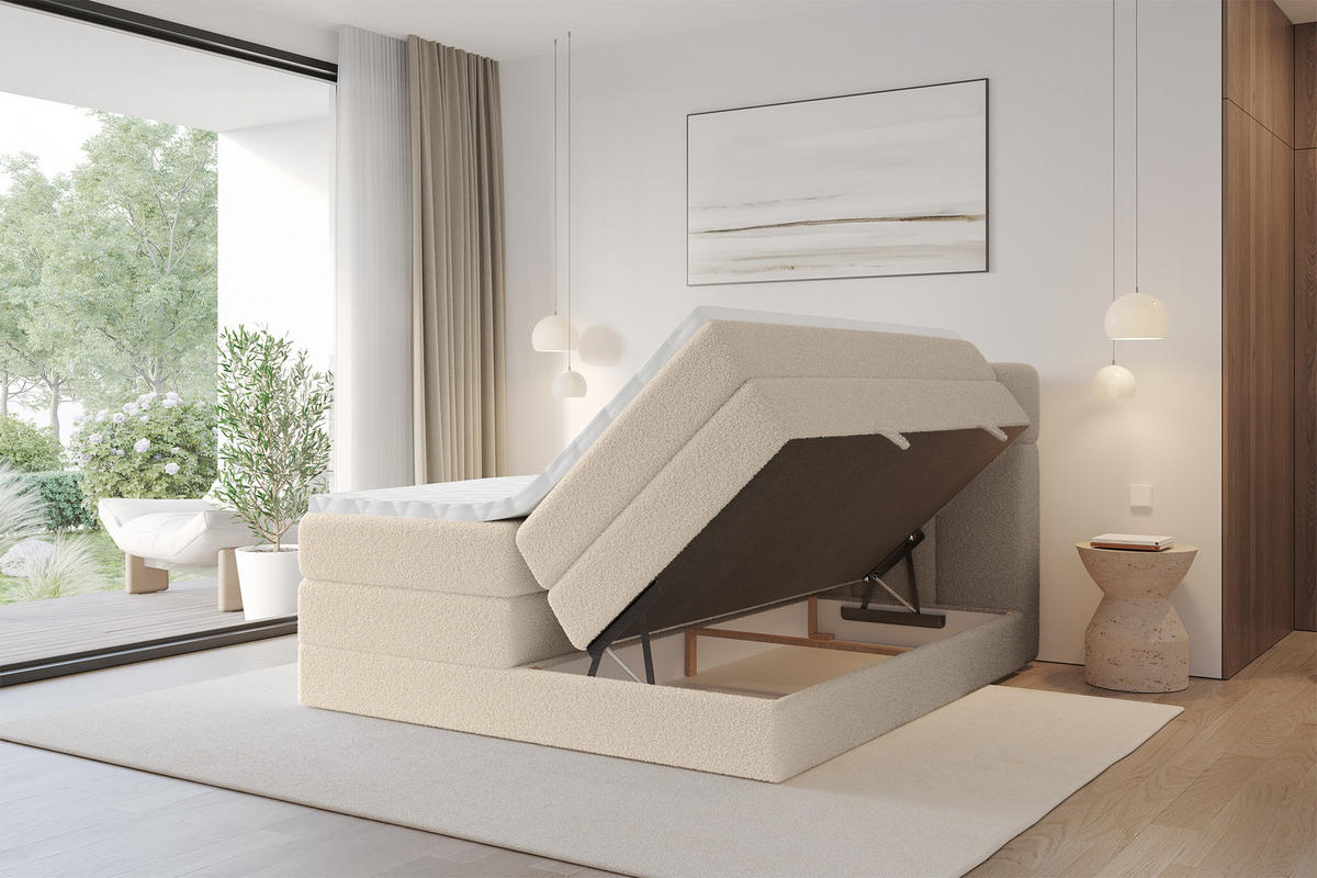 BOXBETT mit Matratze H3/H4 - FAMA KING - 180x200 cm Dunkelbeige Quelle - Creme, Holzwerkstoff (180/200cm) - ALTDECOR