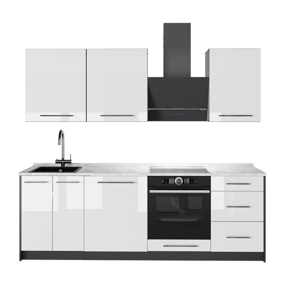 KÜCHENZEILE Fame-Line, Weiß Hochglanz/Anthrazit, 230 cm, AP Marmor - Weiß Hochglanz/Anthrazit, Holzwerkstoff (230/206.8/60cm) - Vicco