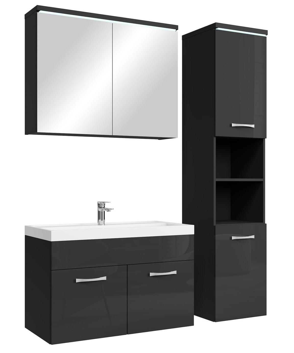 BADMÖBEL-SET Paso LED 4 Teile Schwarz Hochglanz - 80 x 35 x 55 cm - Schwarz, Holz (80/55/40cm) - Badplaats