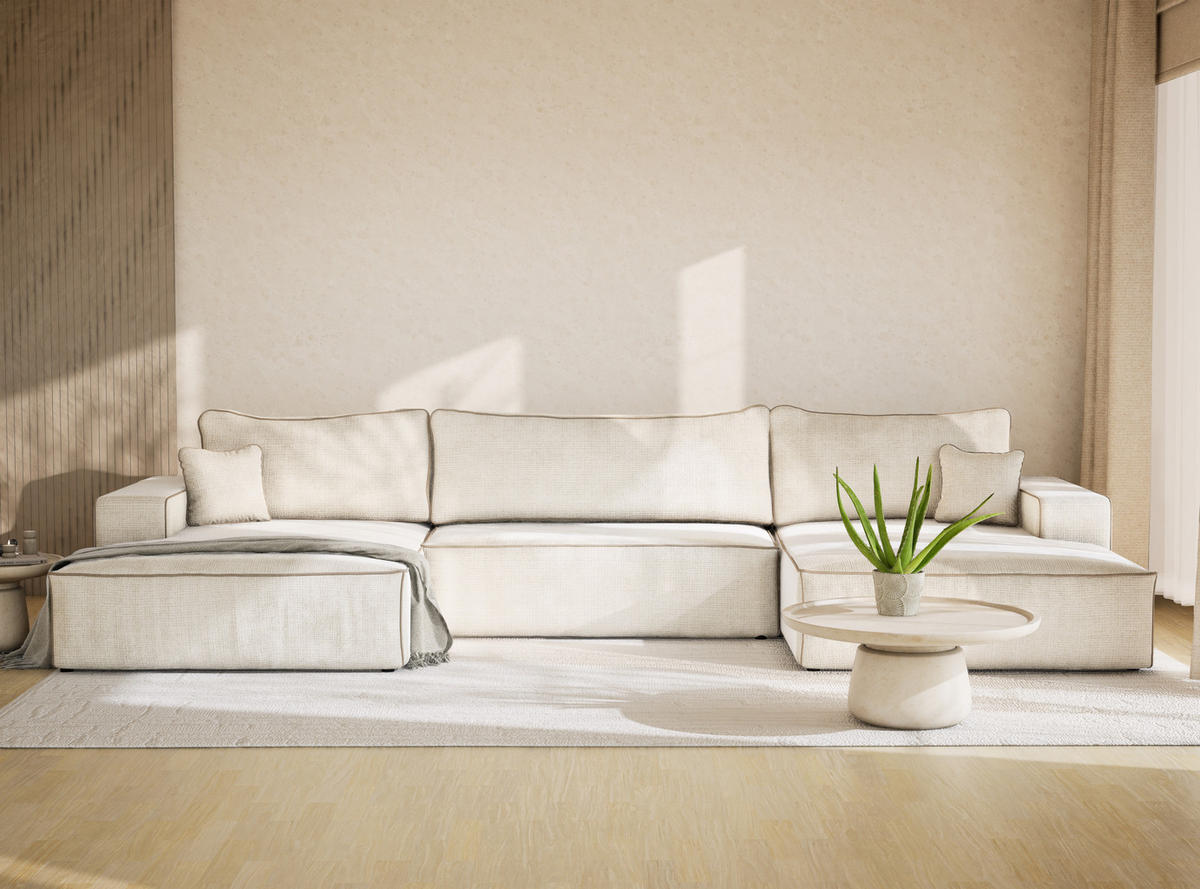 WOHNLANDSCHAFT Deseo Ecru-Beige Chenille-Stoff - Ecru/Beige, Holz/Holzwerkstoff (398/70/148cm) - Maison de Reve