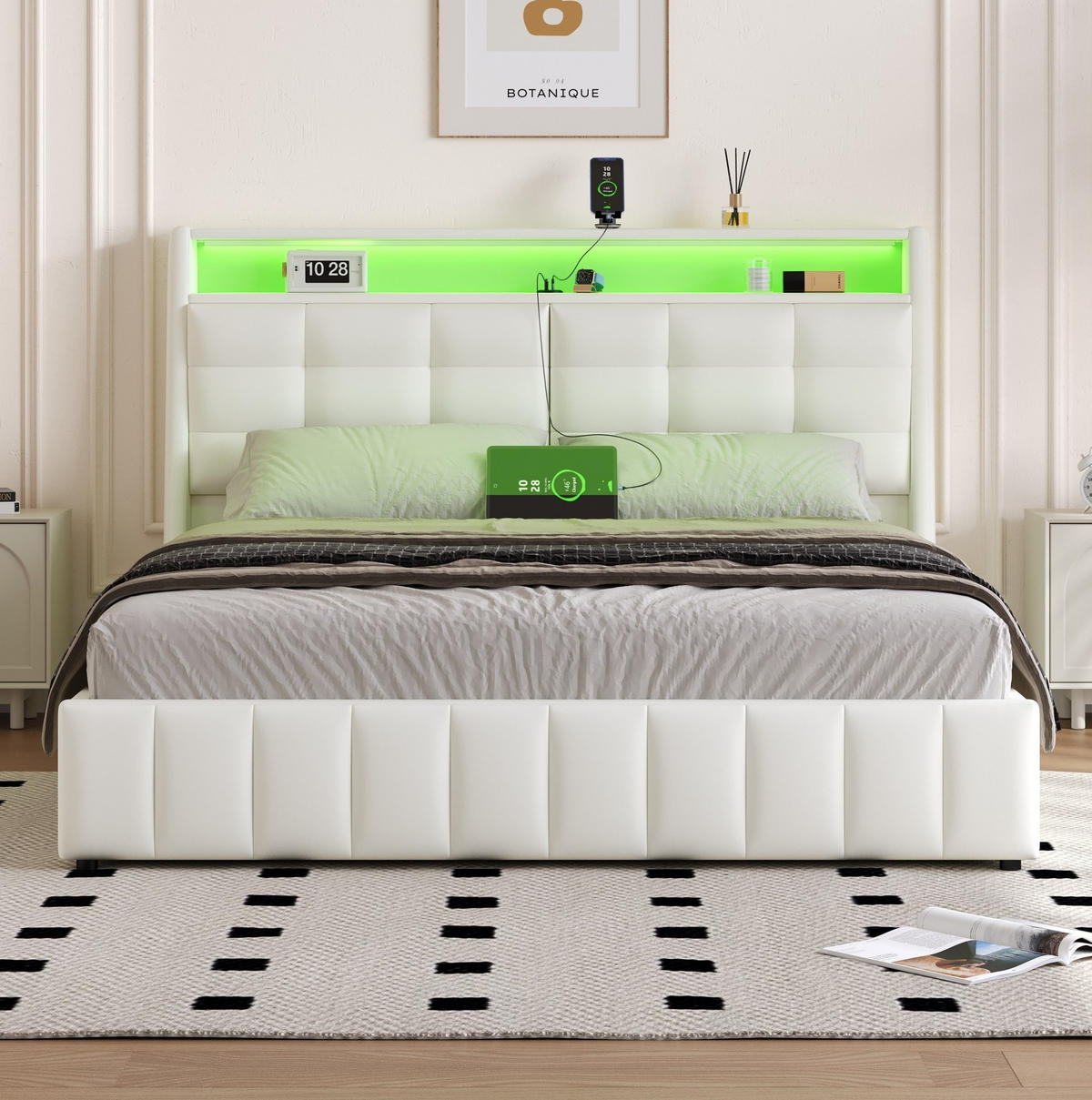 POLSTERBETT 160/200 cm aus MDF und Sperrholz mit PU-Bezug LED USB Stauraum und verstellbarem Kopfteil Weiß - Weiß, Textil (160/200cm) - Modenvie