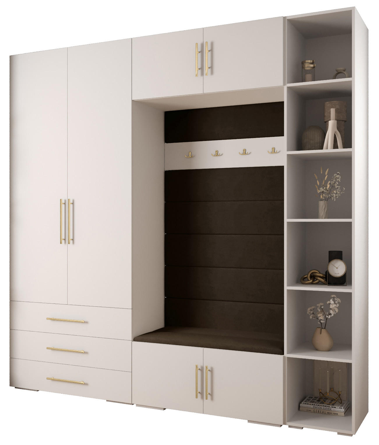 Abiks Möbel Garderoben-Set Weiß, Braun, Gold 240x236.7x47 cm