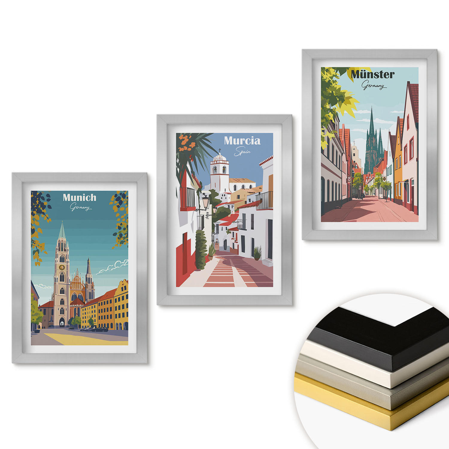 WANDBILDER 3er Set - 20x30 cm Silberner Rahmen - Europäische Städte in farbigen Zeichnungen - Silberfarben, Kunststoff (20/30cm) - ArtPrintCave