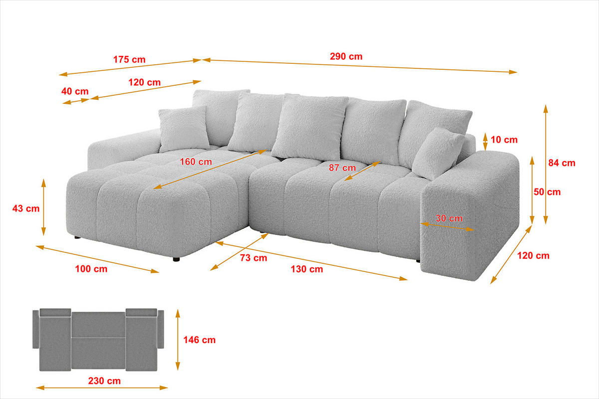 ECKSOFA Ottomane links/rechts ENIL-L 290x175x84 Hellgrau Bouclé - Hellgrau, Holzwerkstoff/Kunststoff (290/175cm) - ALTDECOR
