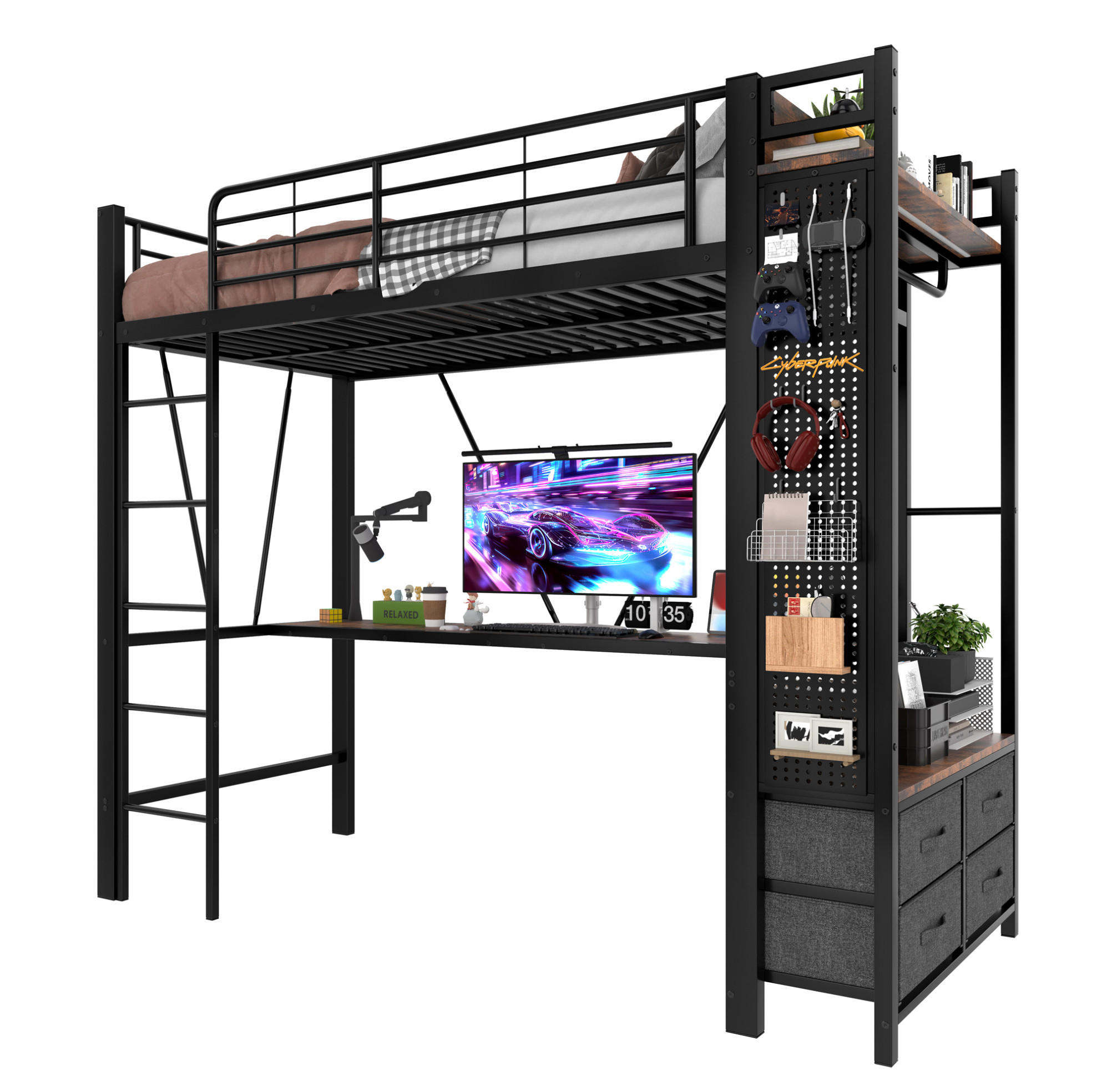 HOCHBETT 90/200 cm aus Metall und MDF mit Schreibtisch, LED-Leiste und 4 Schubladen Schwarz - Schwarz, Metall (90/200cm) - Modenvie