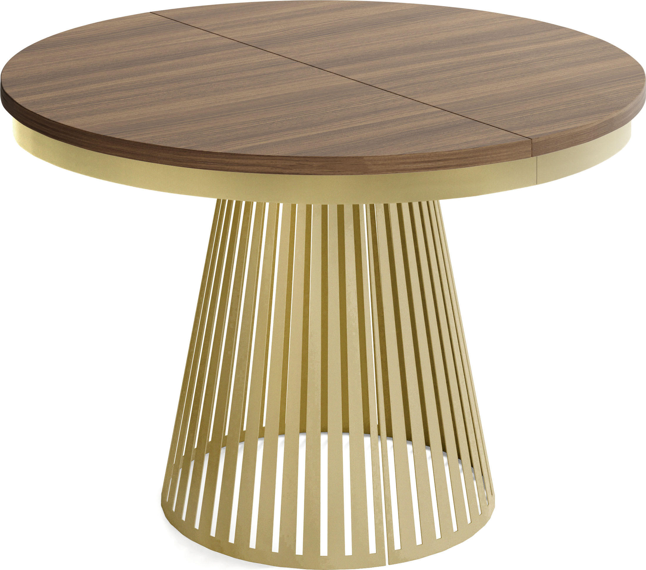 ESSTISCH Naro rund ausziehbar mit Goldem Lamellen-Metallgestell, Walnuss Braun 100-180/100/76 cm - Goldfarben/Walnussfarben, Holzwerkstoff/Metall (100/100/76cm) - WFL GROUP