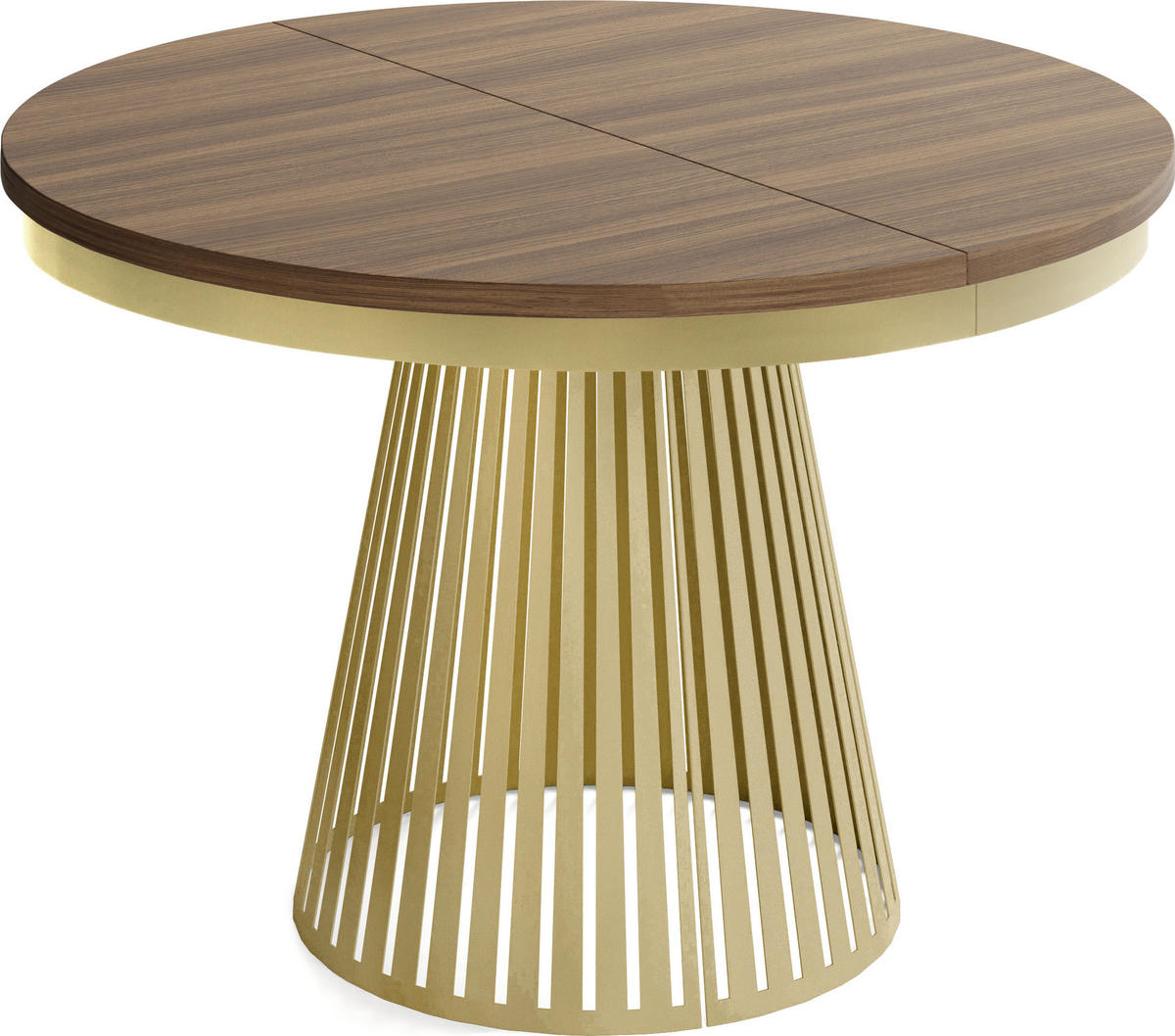 ESSTISCH Naro rund ausziehbar mit Goldem Lamellen-Metallgestell, Walnuss Braun 100-180/100/76 cm - Goldfarben/Walnussfarben, Holzwerkstoff/Metall (100/100/76cm) - WFL GROUP