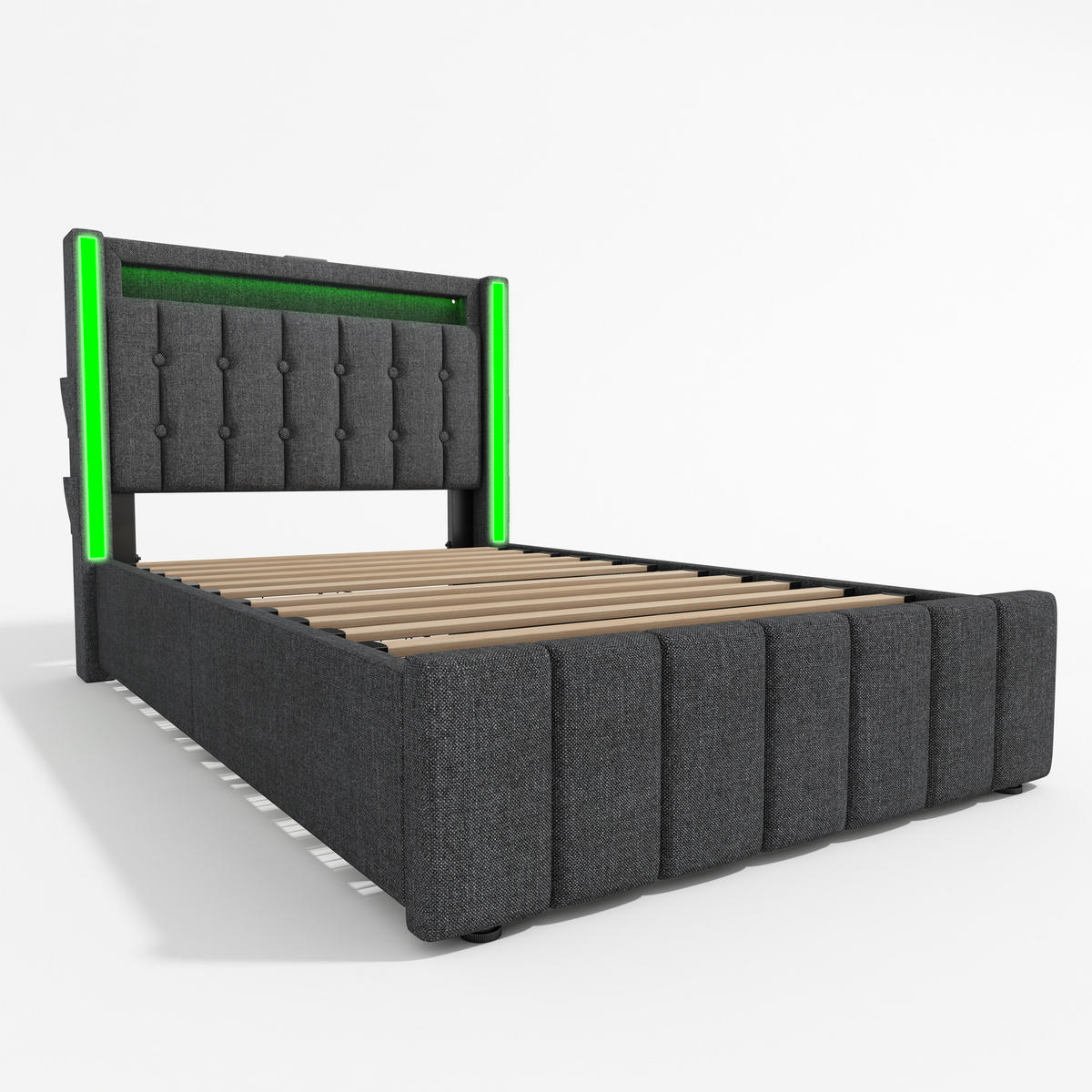 POLSTERBETT aus Leinen 90x200 cm in Grau mit LED-Beleuchtung & Matratze - Grau, Textil (90/200cm) - Modfu