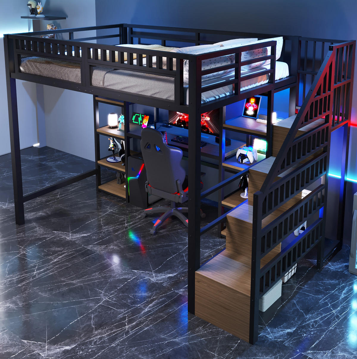 HOCHBETT 140/200 cm aus Metall mit Schreibtisch, Stauraumleiter und LED-Beleuchtung - Schwarz, Metall (140/200cm) - Flora Grace