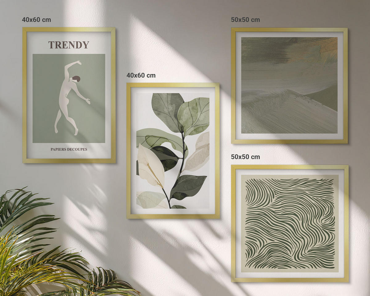 BILDER SET 4er Set - 50x50 cm & 40x60 cm Goldrahmen - Abstrakte Pflanzenmuster - Goldfarben, Kunststoff (50/50cm) - TULUP