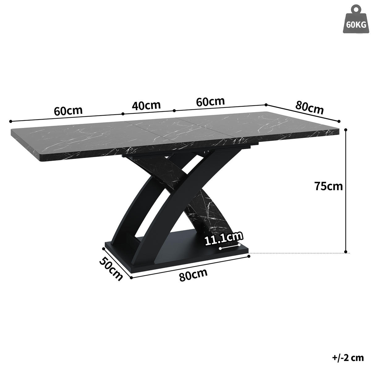 ESSTISCH 120/80/75 cm Schwarz aus MDF und Metall mit Ausziehfunktion - Schwarz, Holzwerkstoff (120/80/75cm) - OKMYHOME