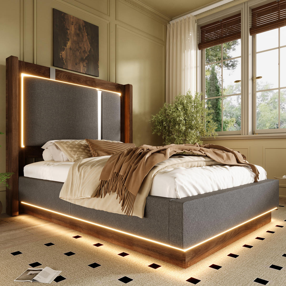 POLSTERBETT 90/200 cm in Grau & Walnuss mit Leinen, LED und Bettkasten - Grau, Holzwerkstoff/Textil (90/200cm) - WISHDOR