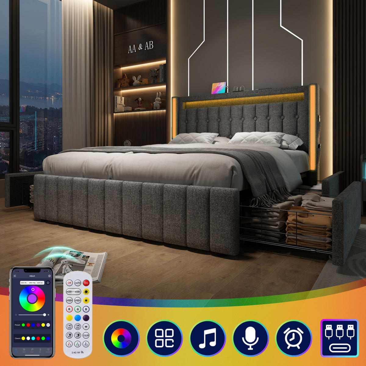 ČALOUNĚNÁ postel 140/200 cm šedá z lnu s LED, USB-C a 4 zásuvkami - šedá, textil (140/200cm) - OKWISH