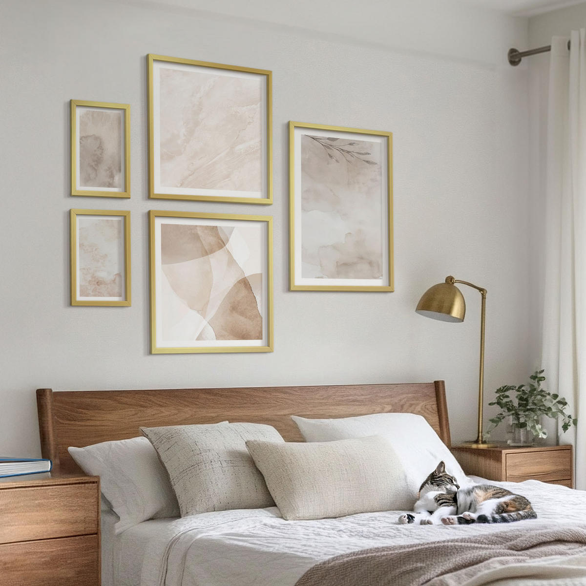 BILDER SET 5er Set - 50x50 cm & 20x30 cm & 40x60 cm Goldrahmen - Aquarellfarben, Boho-Texturen - Goldfarben, Kunststoff (40/60cm) - TULUP